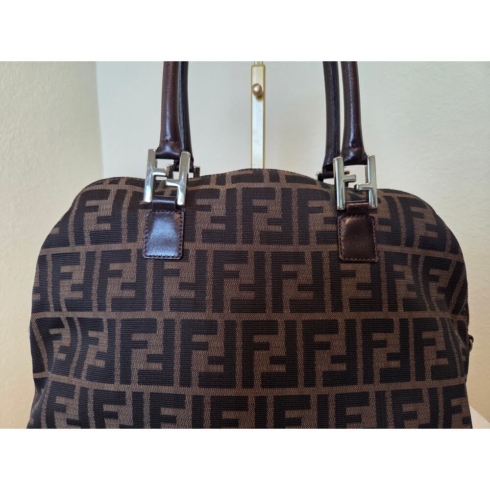 Fendi Zucca Canvas Brown Leather Trim Satchel Bag Silver Hardware Tote Vintage - Picture 3 of 16